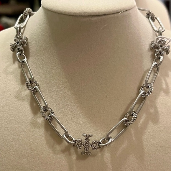 Tory Burch Roxanne Crystal Logo Chain Necklace in silver